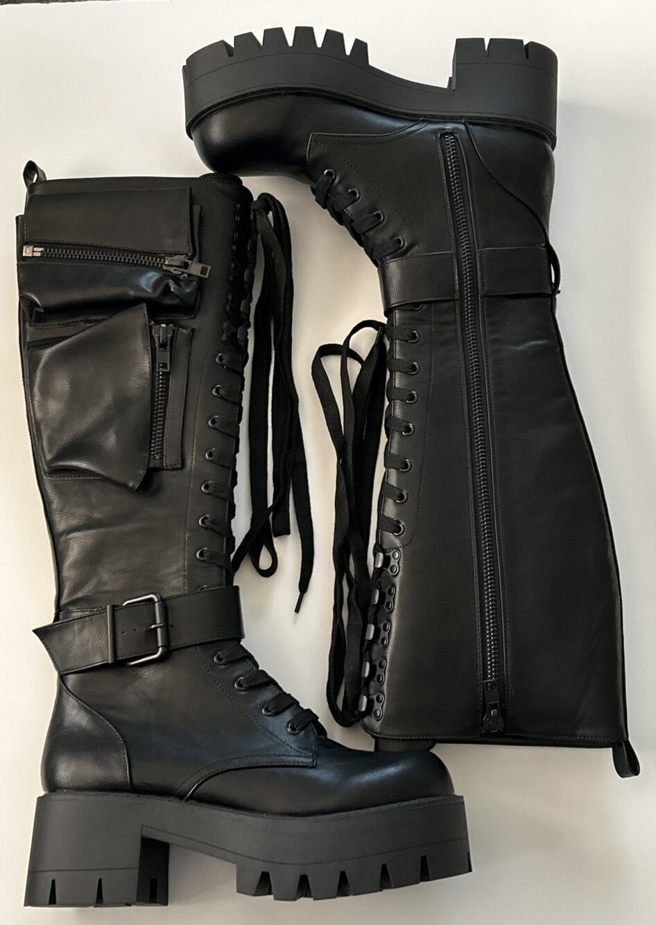 Current Mood Obsidian Pocket Knee High Combat Boots Sz 10 Grunge Goth Punk Rave